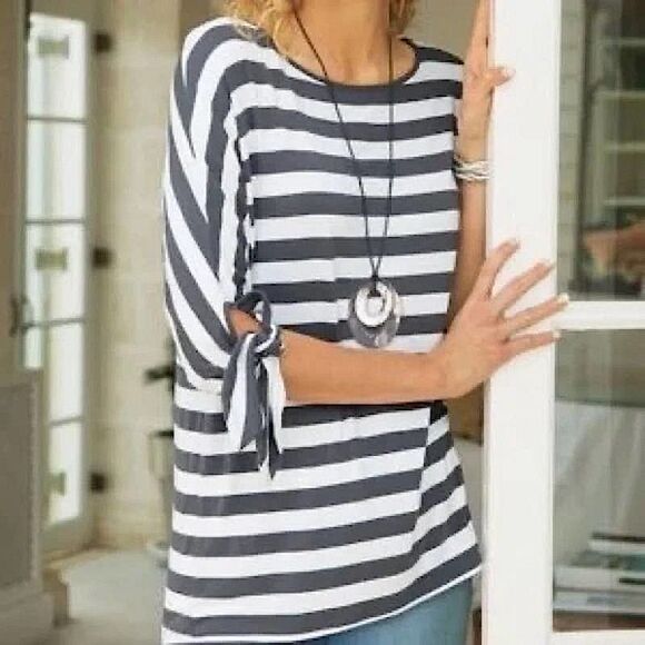 Soft Surroundings Striped Tie Sleeve Tunic Blouse Grey White Gray Medium - Picture 1 of 12